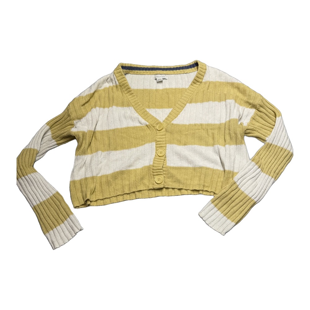 American Eagle Cropped Cardigan Womens L Yellow White Stripe
